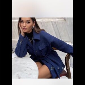 Zara Navy Textured Belted Shirt Jacket